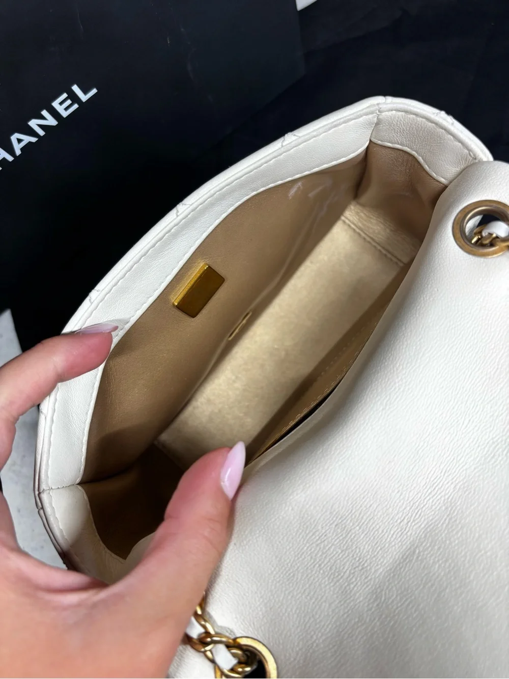 CHANEL White Quilted Leather Mini Flap Bag with Gold Chain Strap